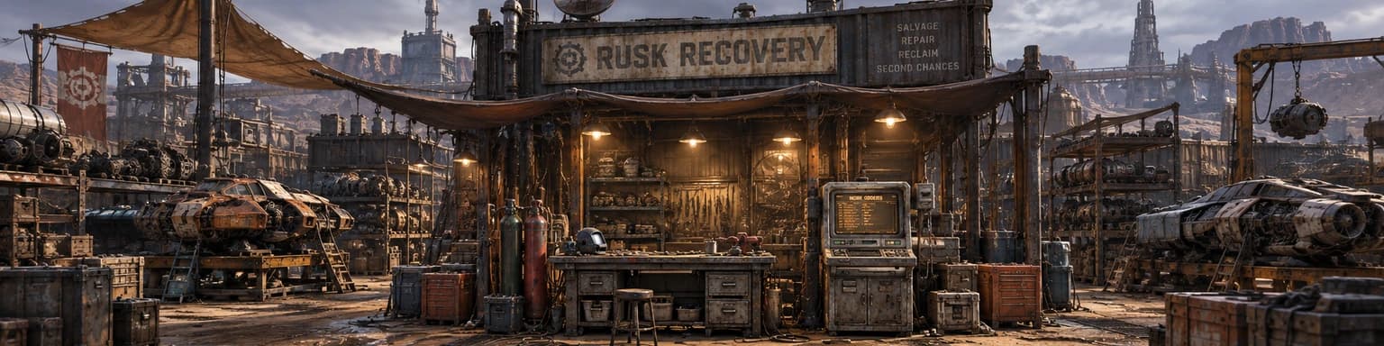 Working recovery yard with racked salvage, stripped components, damaged work vehicles, and a welding bench under an overcast sky